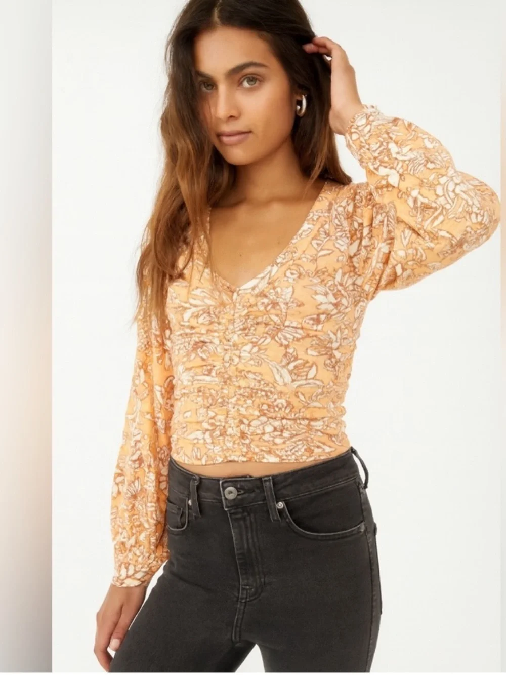 Free People Floral SAY THE WORD Boho Light Orange Floral Ruched Long Sleeve Top